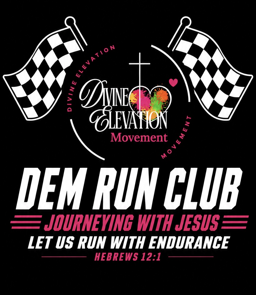 D.E.M Run Club shirt design reading Journeying With Jesus, Let Us Run With Endurance, Hebrews 12:1